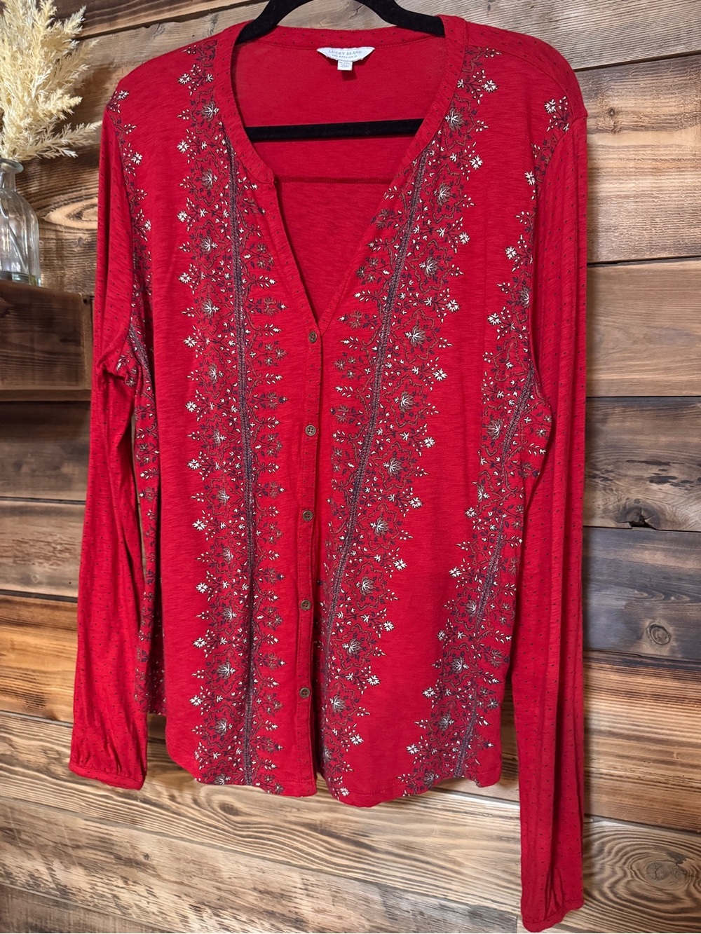 Lucky Brand Boho Embellished Red Button-Front Women's Top Red Size XL